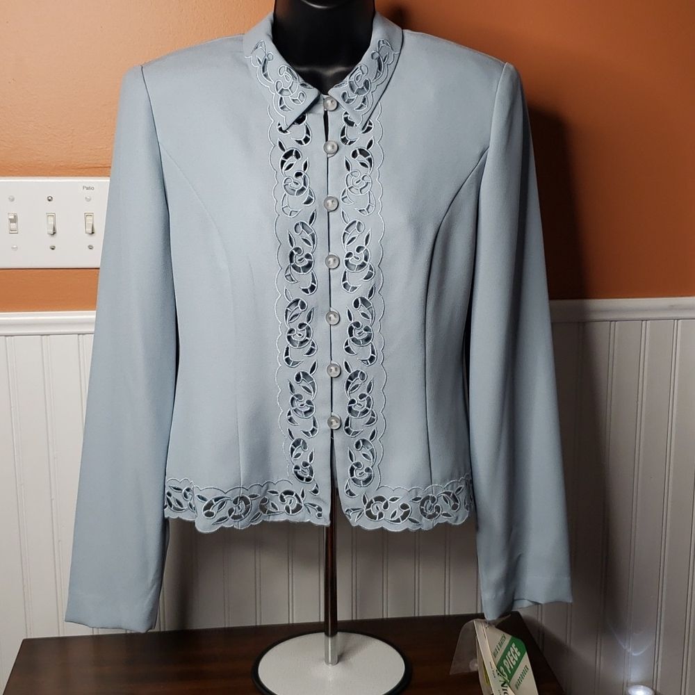 Danny & Nicole Blue Cutwork Jacket 2pc Set Womens 8 Scalloped Church Wedding Vtg